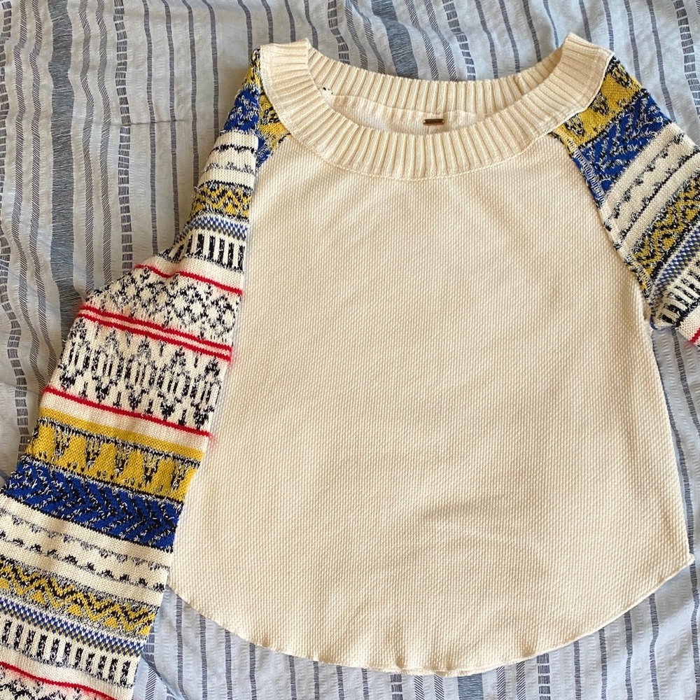 Free People Cream Top with Colorful Sleeves